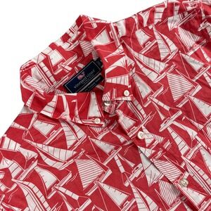 Vineyard Vines Shirt Mens M Red White Slim Fit Tucker Short Sleeve Button Down‎